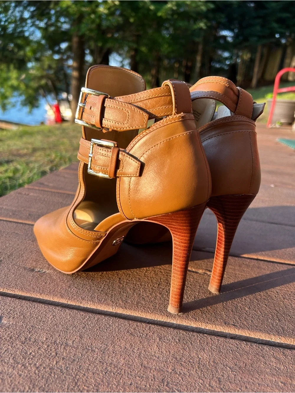 Women's Michael Kors Tan Leather Peep-Toe Heels with Buckle Straps